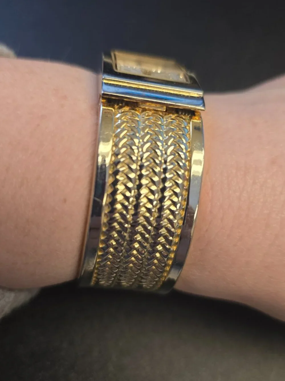 Gold Tone Cuff Bracelet Watch with Sparkle